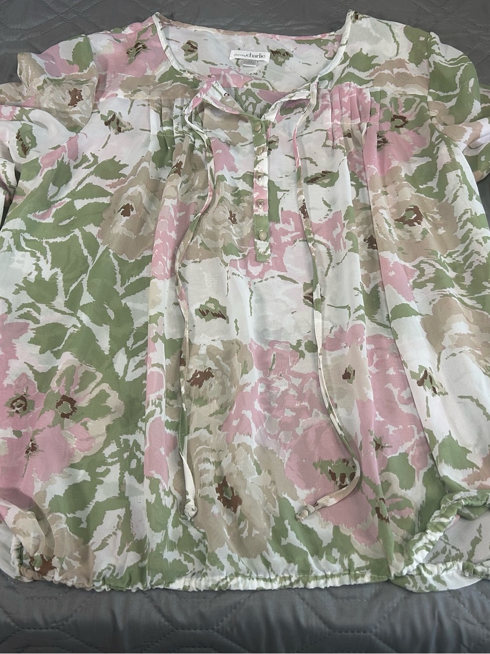Charming Charlie Pink, Green & Cream Floral Blouse